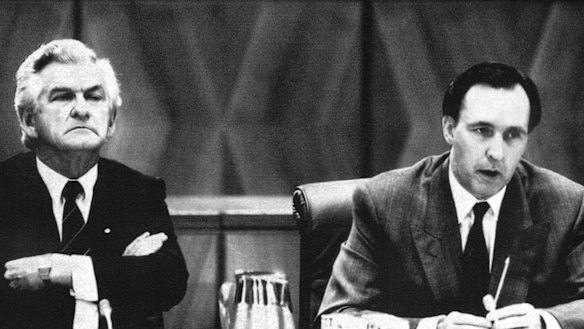 Bob Hawke and Paul Keating at a 1991 Premiers' conference during that year's recession.