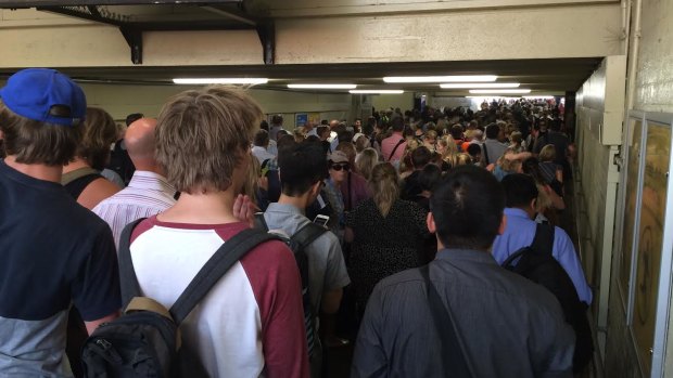 Crowds at Caulfield station during a line disruption in 2016.