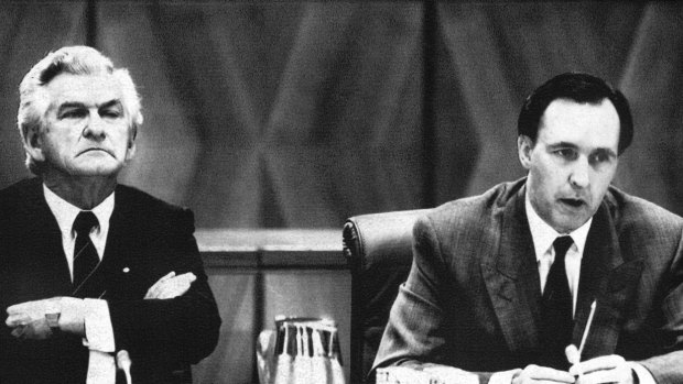Bob Hawke and Paul Keating at a 1991 Premiers' conference during that year's recession.