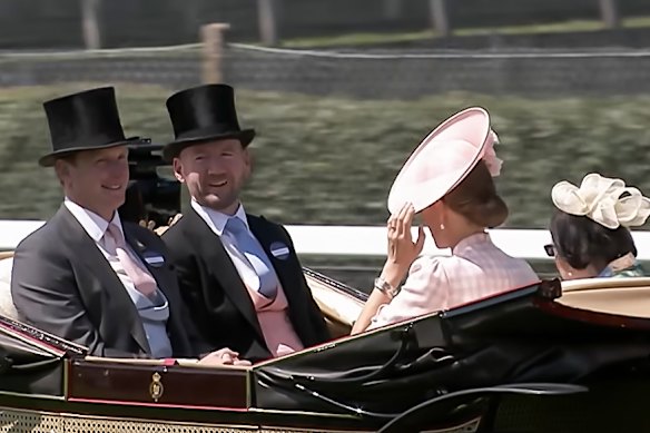 The Mahers join trainer Ed Walker and his wife in the carriage procession at Royal Ascot.