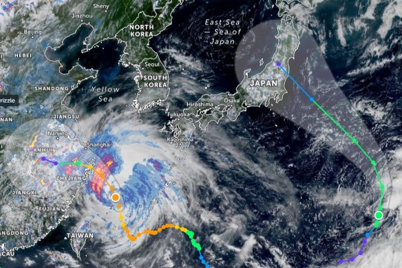 Typhoon Nepartak, right, heads for Japan on Saturday. On the left, typhoon In-Far.