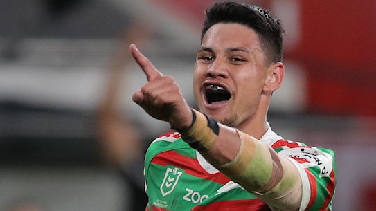 Jaxson Paulo celebrates a try at Bankwest Stadium.