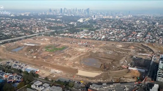 An aerial view of construction work at Moonee Valley racecourse.