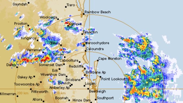 The south-east Queensland radar on Saturday afternoon showing storms moving south-easterly offshore.