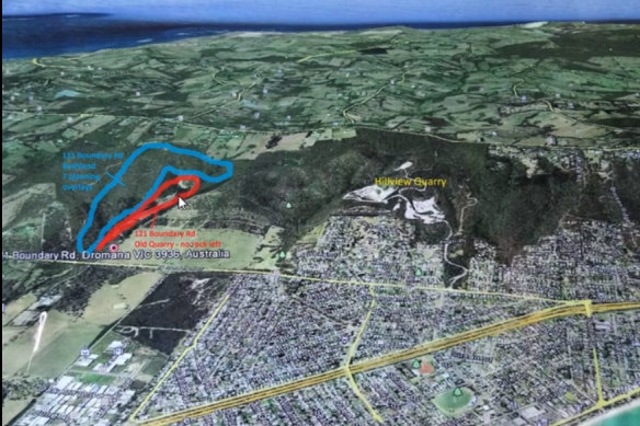 This Google Earth image shows the existing Hillside quarry (white), the disused quarry (red), which will be extended, and proposed new area of quarry (blue).