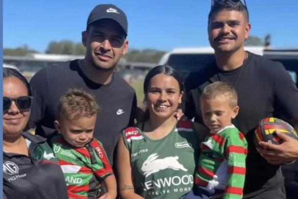 Walker and Mitchell with fans at Cabbage Tree Island on Thursday.