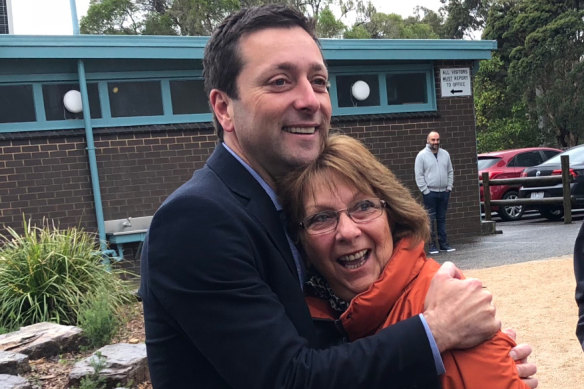 Matthew Guy with his mother, Vera, in Eltham on Saturday morning.