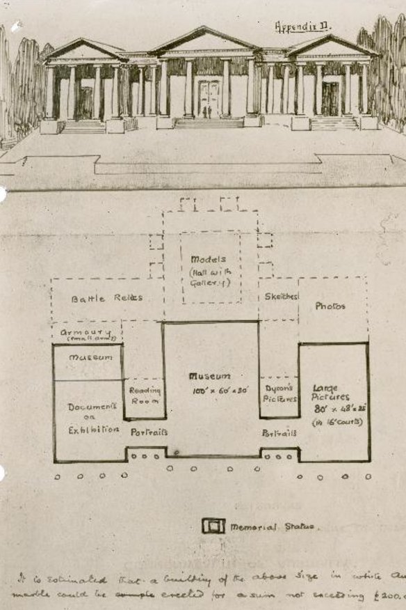 An original sketch by Charles Bean of the first proposed design for the War Memorial.