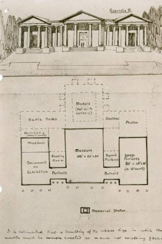 An original sketch by Charles Bean of the first proposed design for the War Memorial.