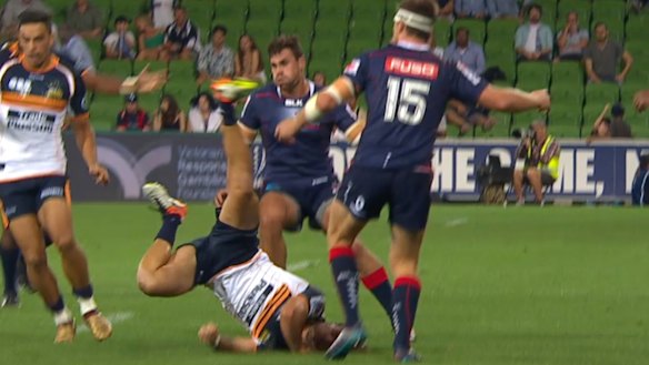 Andy Muirhead lands on his head after being taken out in the air. It was not penalised on the field or by the judiciary.