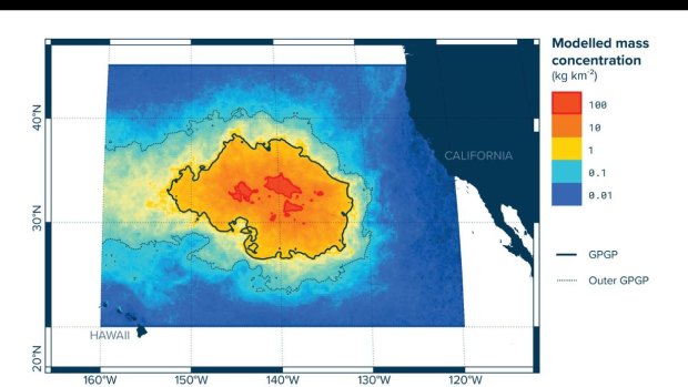 The location of Great Pacific Garbage Patch and the estimated concentration of plastic waste.