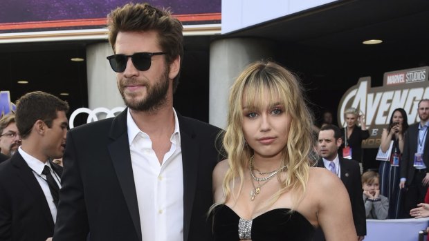Liam Hemsworth, left, and Miley Cyrus at the premiere of Avengers: Endgame in Los Angeles in April.
