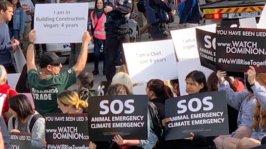 Vegan protesters block one of Melbourne's busiest intersections.