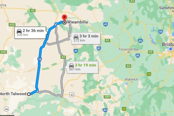 A map shows that the location of the Boonangar Bridge over the Macintyre River, south-west of Goondiwindi, and Wieambilla, where the mass shooting of six people took place on December 12, are about 230 kilometres apart.