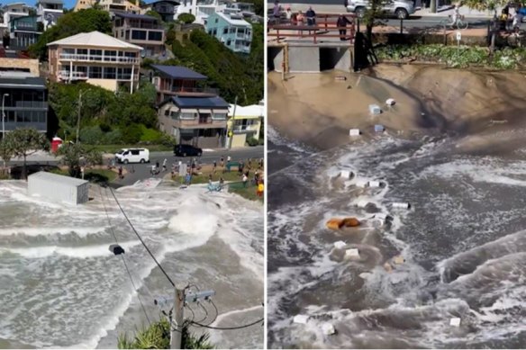 A shipping container of beer was caught in high tides at Currumbin Surf Club on the Gold Coast as a result of ex-tropical Cyclone Seth. 