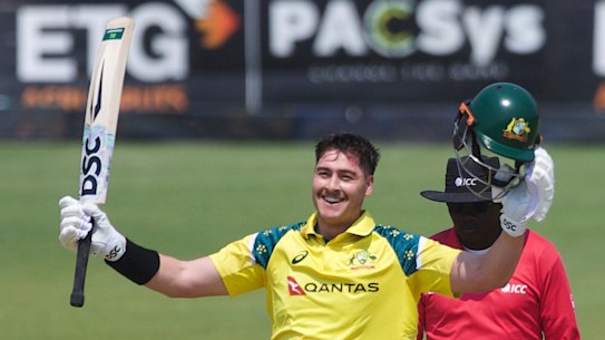 Australia’s batsman Matt Renshaw celebrates his century during the first ODI against Zimbabwe.