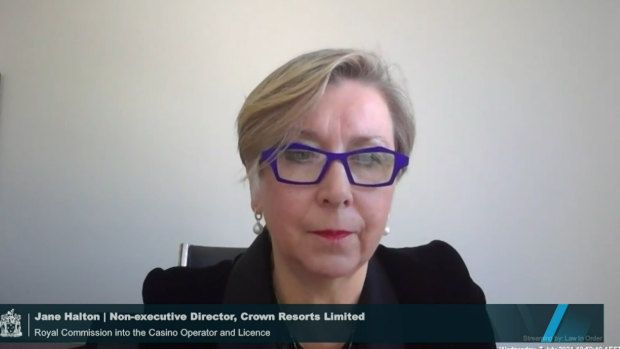 Crown Resorts director Jane Halton gives evidence to Victoria’s royal commission into Crown Resorts on Wednesday. 