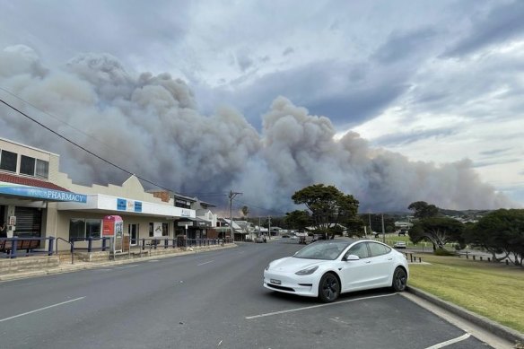 The Coolagolite fire blazes near Bermagui on Tuesday afternoon. 