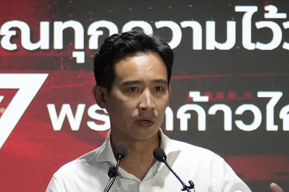 Move Forward Party leader Pita Limjaroenrat talks to media at party headquarters in Bangkok on Sunday.