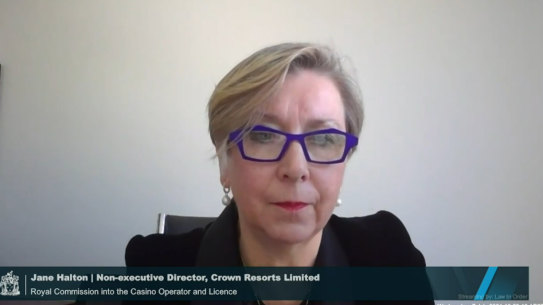 Crown Resorts director Jane Halton gives evidence to Victoria’s royal commission into Crown Resorts on Wednesday. 