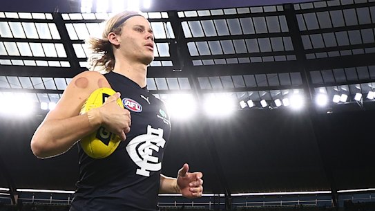 Carlton’s banner reads “Stronger together” but at this stage it’s not clear whether Tom De Koning will stay with the club in 2026.