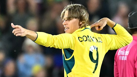 Cooper Connolly celebrates a wicket.