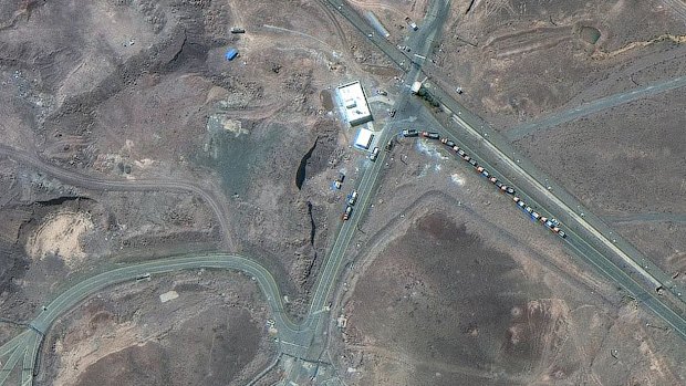 Trucks line up at Fordow last week, before the US strikes on the facility.