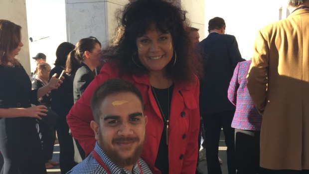 Malarndirri McCarthy with her son, CJ, at Parliament House in 2019.