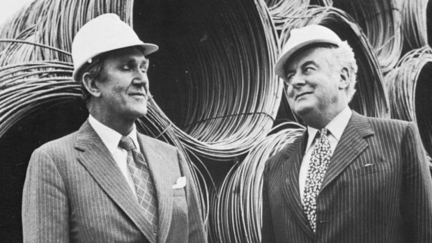 Prime Minister Malcolm Fraser and Gough Whitlam in 1976. Fraser blocked supply in the Senate to cause a deadlock, leading to Whitlam's dismissal.