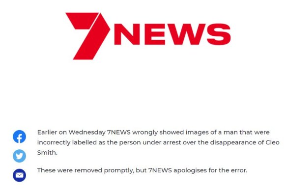 7News published online a report on the Cleo Smith abduction which wrongly identified a man. 