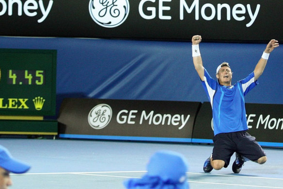 Lleyton Hewitt celebrates his famous 2008 win over Marcos Baghdatis.