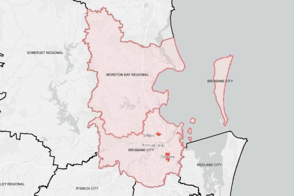 The Brisbane City and Moreton Bay council areas where hospitals and aged-care facilities will be closed to visitors from noon on Friday.