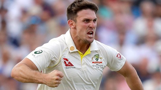 Mitchell Marsh celebrates after taking a wicket in the fifth Ashes Test.