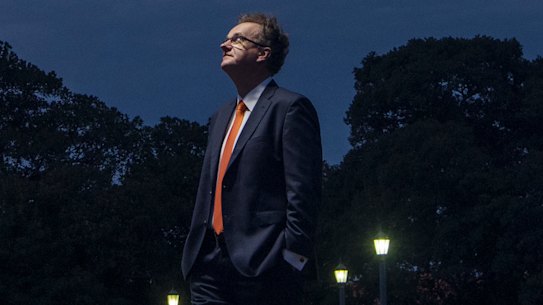 Thomas Maschmeyer, professor of chemistry at the University of Sydney, activates lamps on his campus powered by his new Gelion battery.