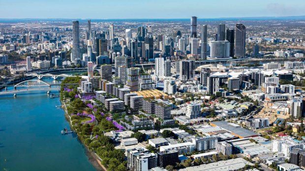 An artist’s impression of a future South Brisbane by development planners Urbis. This is not a council-approved design.