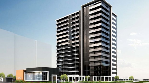 An artist impression of The Oaks, a proposed development by Amalgamated Property Group for a 16-storey building with 156 apartments. 