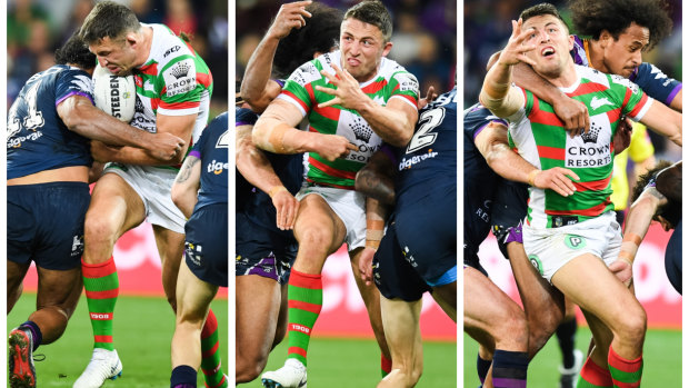 The enforcer: Sam Burgess is crunched by Felesi Kaufusi in the qualifying final at AAMI Park in Melbourne.