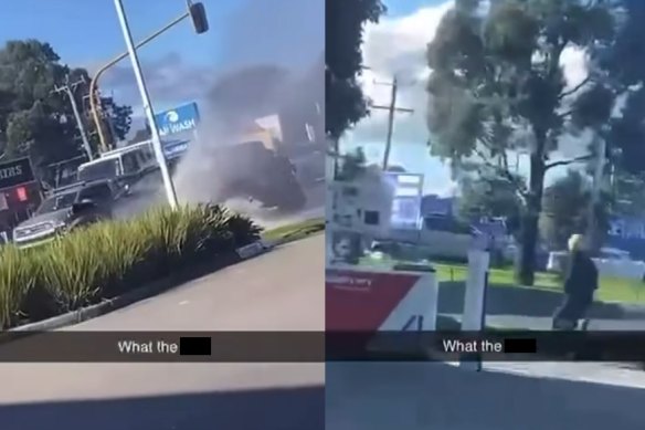 Images from a video showing the crashed getaway vehicle and one of the masked gunmen running from the scene after allegedly shooting Abdulrahim.