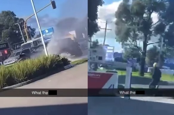 Images from a video showing the crashed Mazda and one of the masked gunman running from the scene.