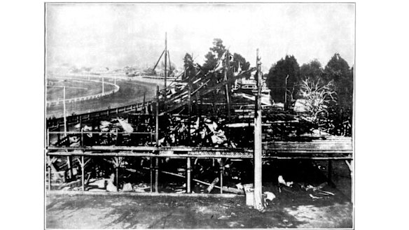 The blackened ruins of the members’ stand.