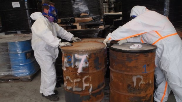 Toxic materials abandoned by a recycling company in a rented warehouse in Campbellfield.