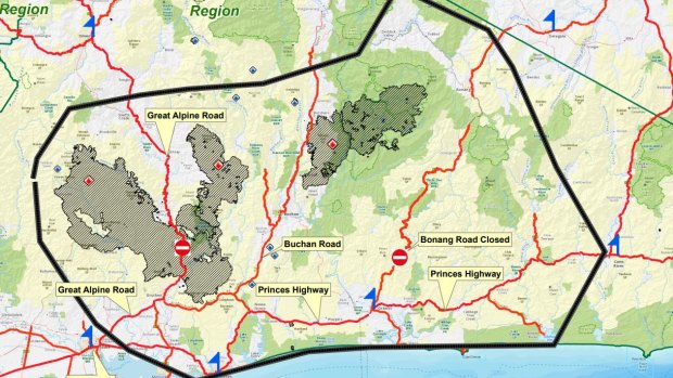 The area of East Gippsland, highlighted with the black line, likely to be affected by fires on Monday.