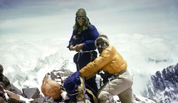 Edmund Hillary (left) and Sherpa Tenzing Norgay on the expedition that resulted in the first ascent to the summit of Mount Everest in 1953.
