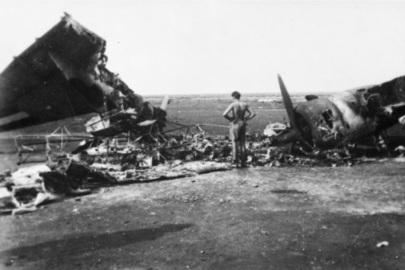 One of the six large aircraft, which included two Flying Fortresses and a Liberator, destroyed during the Japanese air-raid on Broome on March 3, 1942. 
