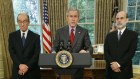 President George Bush names his top economic adviser, Ben Bernanke, right, to become the new chairman of the Federal Reserve Board, replacing Alan Greenspan, left, at the White House in Washington in October 2005. 