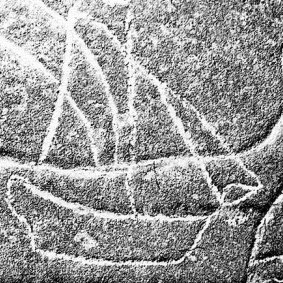 Aboriginal engraving of European ship by the Hawkesbury River.