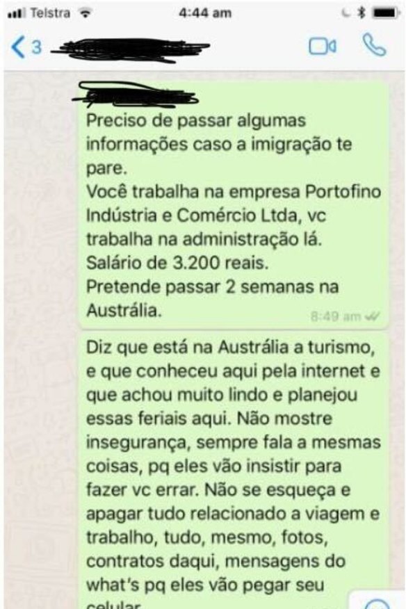 Whatsapp messages discussing what a woman coming to Australia should do if questioned by immigration officials.