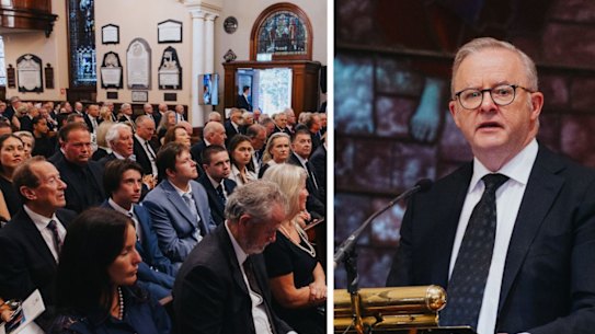 Prime Minister Anthony Albanese speaks at Graham Richardson’s state funeral.