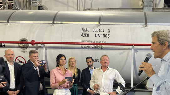 Billionaire Andrew ‘Twiggy’ Forrest and US Special Presidential Envoy for Climate John Kerry aboard Forrest’s yacht docked in Dubai.