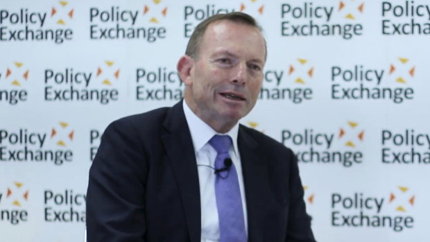 Tony Abbott speaking at the Policy Exchange think tank in central London.